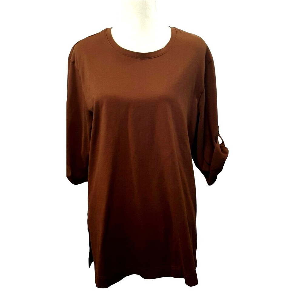 D&Co Womens Knit Top L Casual Brown 3/4 Sleeve Roll Tab 100% cotton